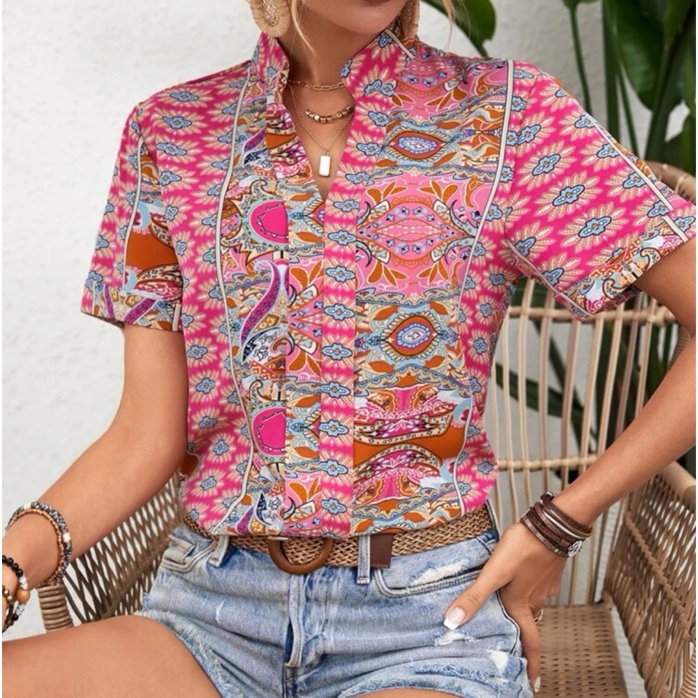 Boho Floral Paisley Print Top Blouse Shirt Green - Picture 15 of 16